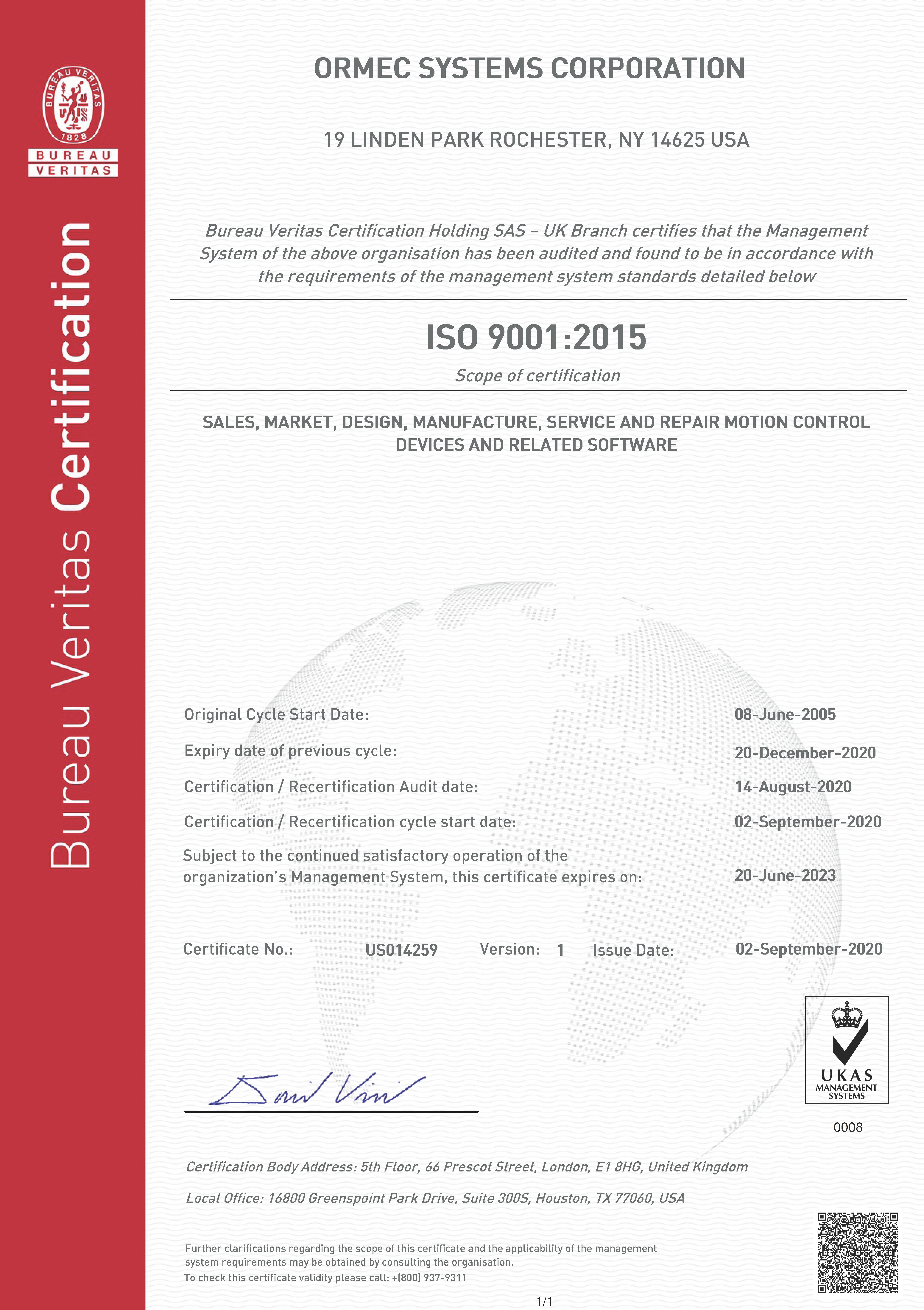ORMEC IS9001:2015 certified